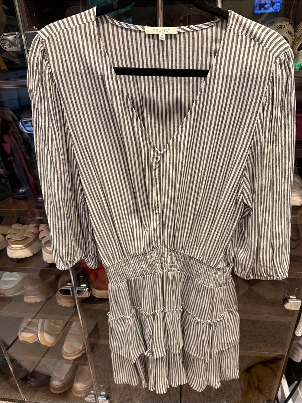 Z Supply Black & White Striped V-Neck Tiered Dress